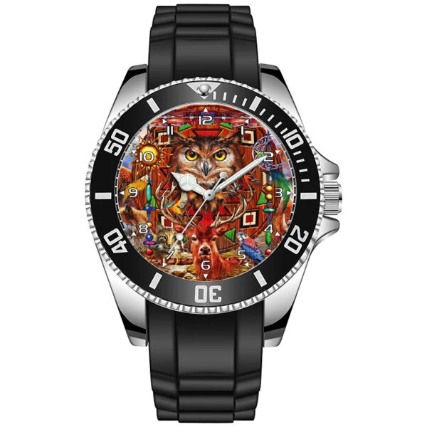 Tribal Art Animals Owl Deer Diver Style Sporty Wrist Watch