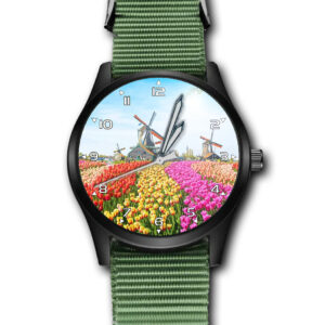 Country Side Windmill Flower Field Beautiful Army Style Nylon Strap Wrist Watch