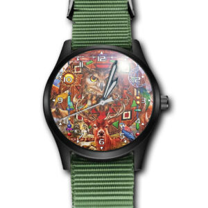 Tribal Art Animals Owl Deer Army Style Nylon Strap Wrist Watch