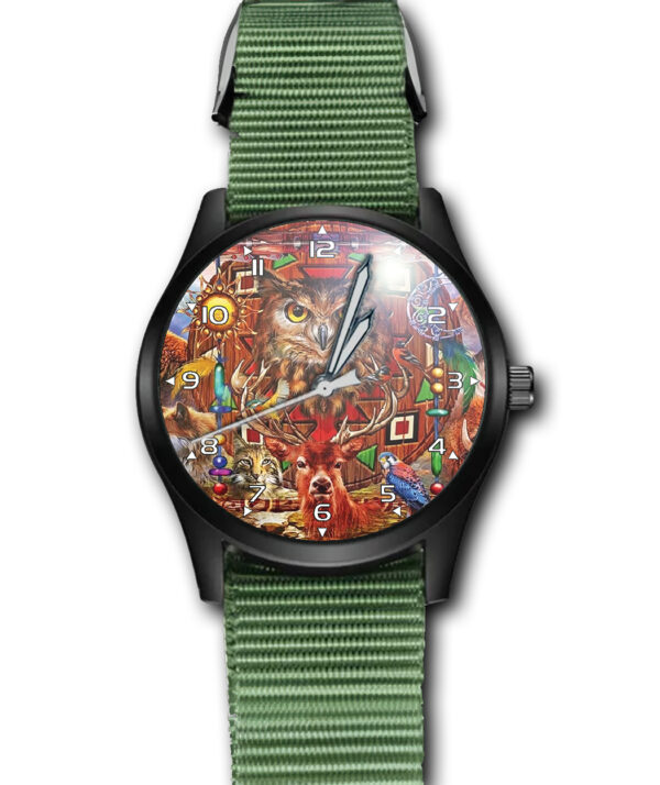 Tribal Art Animals Owl Deer Army Style Nylon Strap Wrist Watch