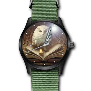 White Owl Sitting On A Book Staring Art Army Style Nylon Strap Wrist Watch