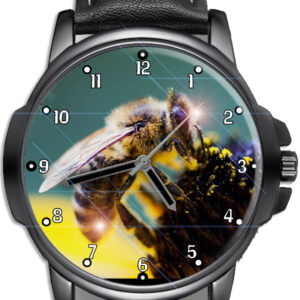 Honey Bee On Flower Beautiful Leather Strap Wrist Watch