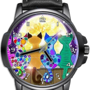 Cats Gazing Full Moon art colourful Beautiful Leather Strap Wrist Watch