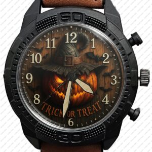 Trick Or Treat Halloween Scary Pumpkin Art Army Style Leather Strap Wrist Watch