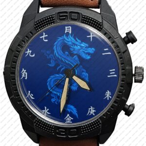 Blue Chinese Dragon Year Art Army Style Leather Strap Wrist Watch