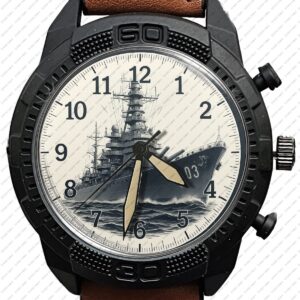 Destroyer Battle Ship Navy Art Army Style Leather Strap Wrist Watch